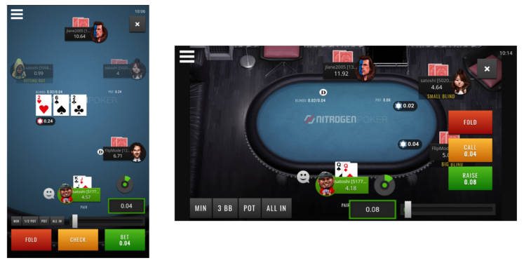 Screenshot of the browser-based mobile poker room in both portrait and landscape.