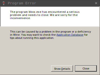 Screenshot Of Error In Wine (Windows Emulator)