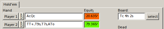 PokerStove Showing Equity of 20.635% and 90.365%.